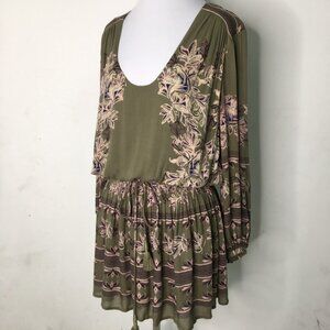 Free People Women's Green Pink Boho Floral Long Sleeve Mini Dress Size Medium